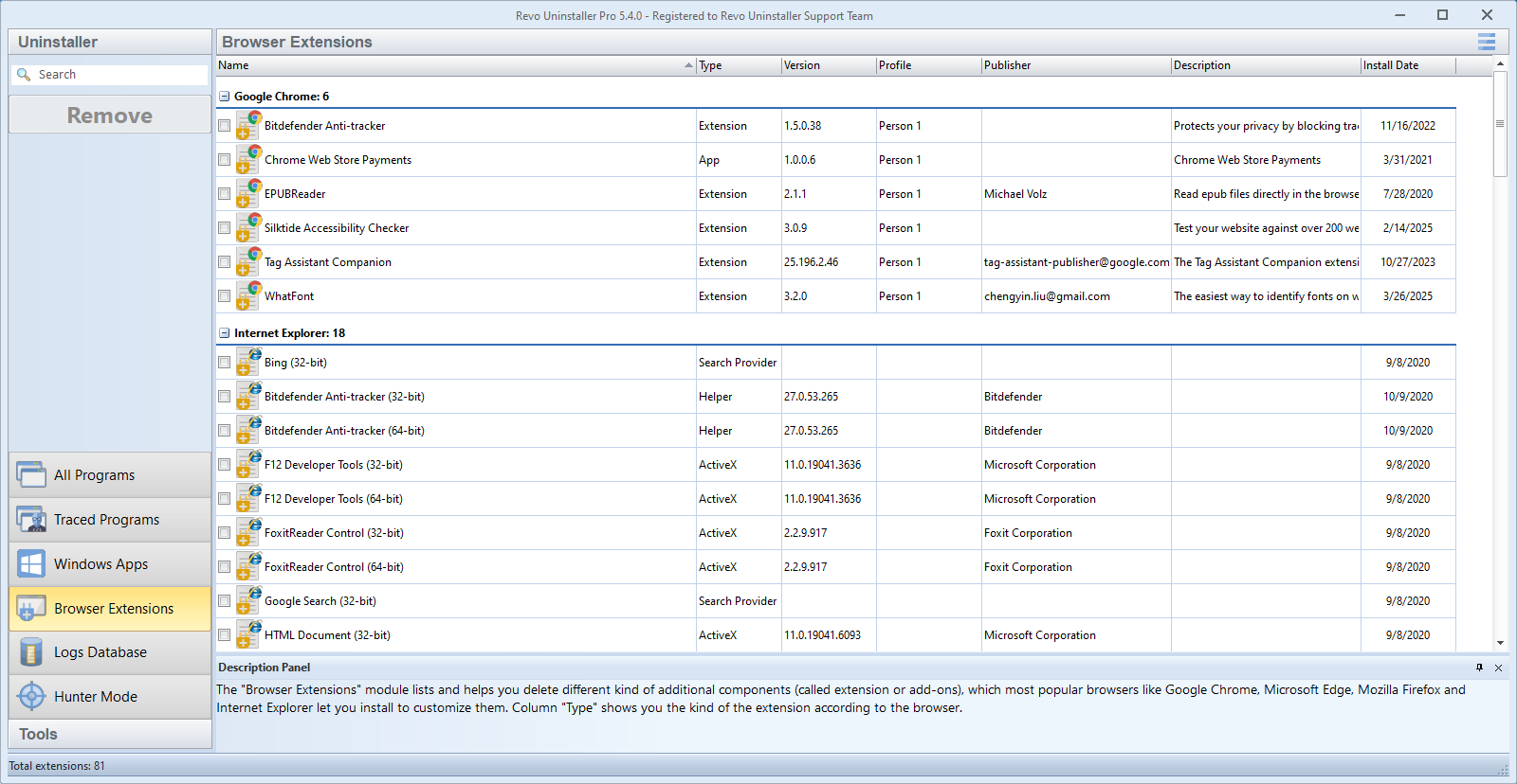 Screenshot: Modul Browser-Erweiterungen in Revo Uninstaller