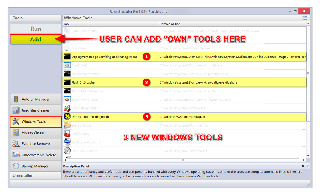 Capture d’écran&nbsp;: raccourcis des outils Windows (Windows Tools) dans Revo Uninstaller