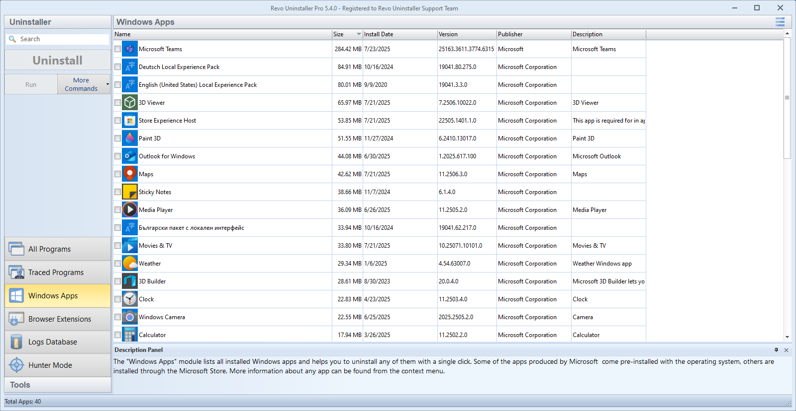 Screenshot: Modul Windows-Apps mit Microsoft Store-Apps