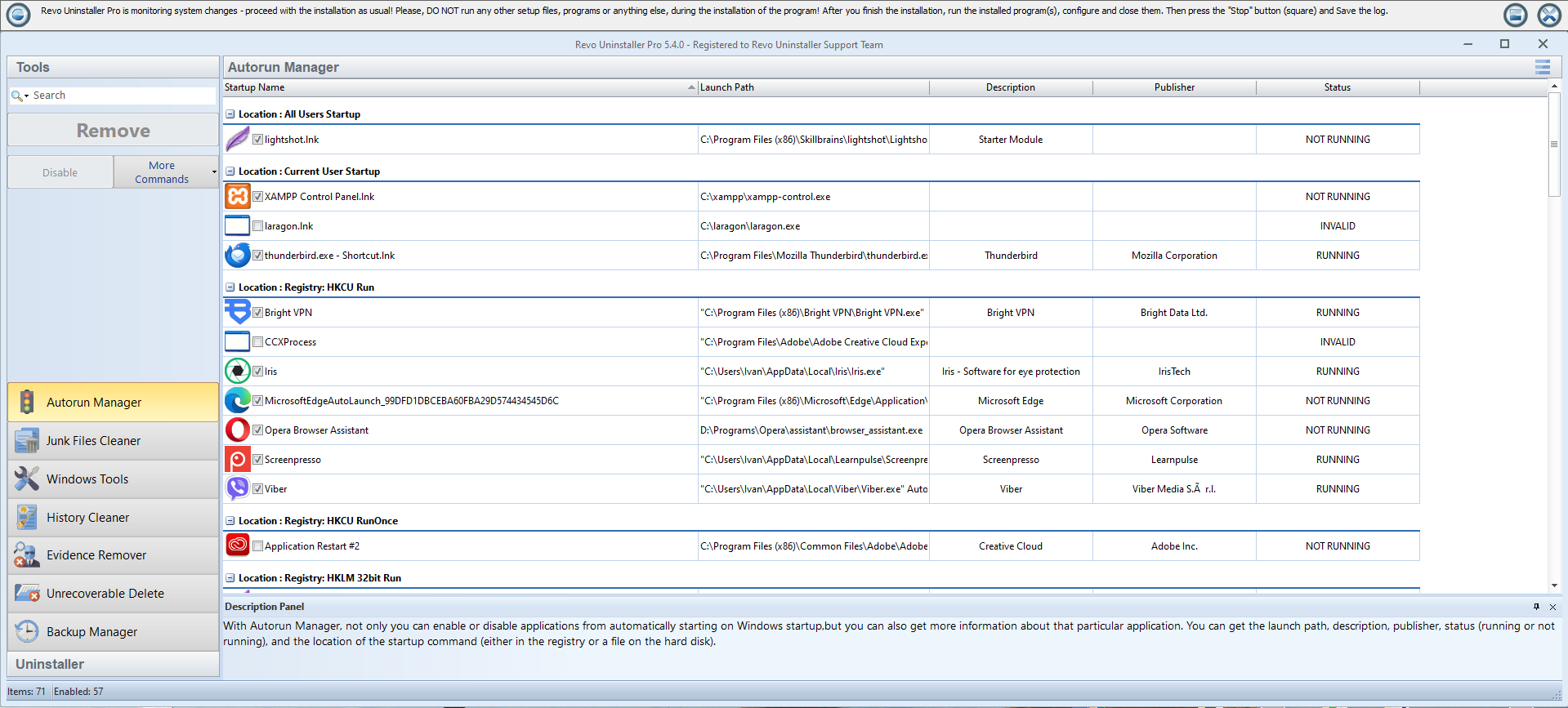 Screenshot: Autostart-Manager mit Startprogrammen in Revo Uninstaller