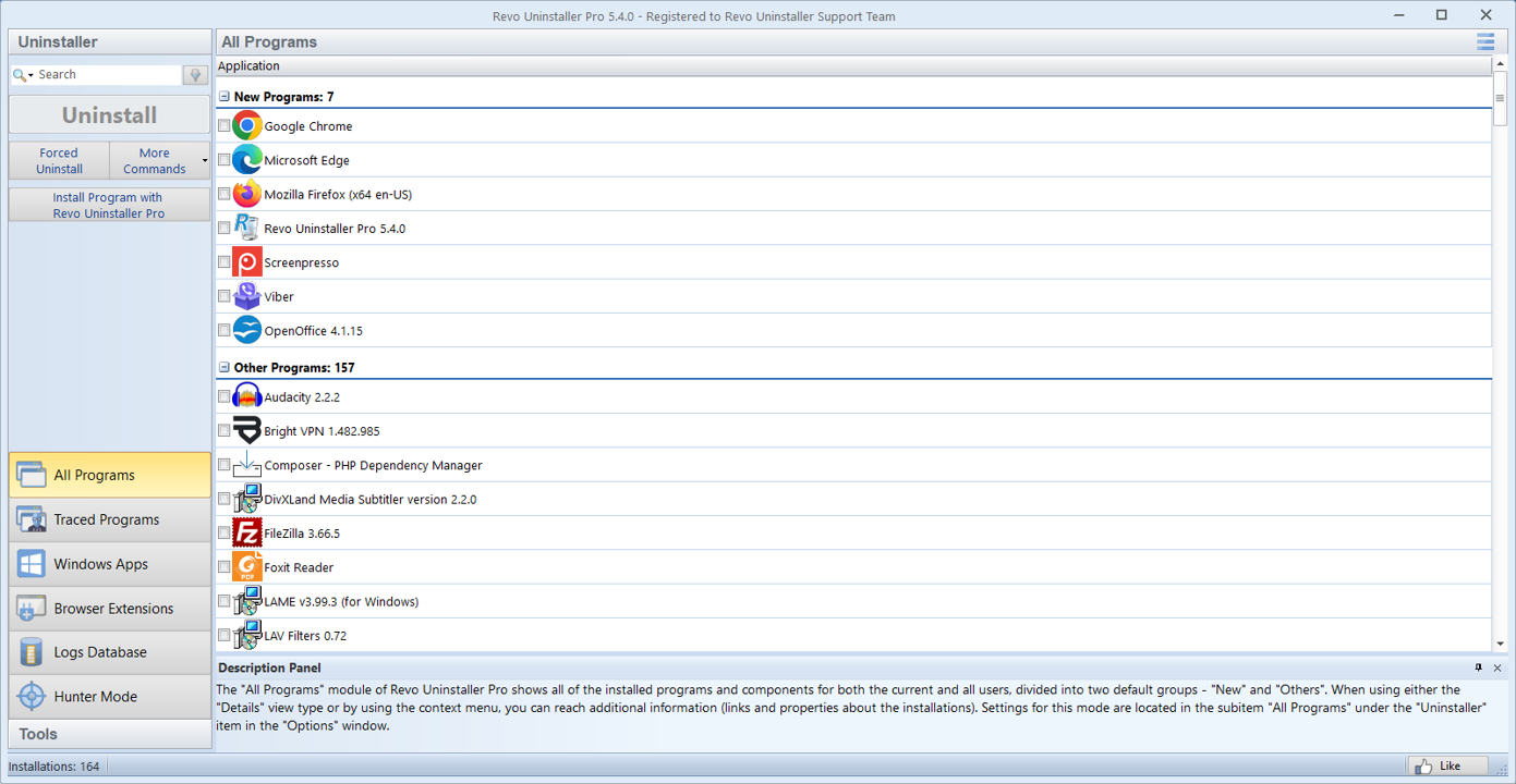 Screenshot: Revo Uninstaller, Liste „Alle Programme“ mit Symbolen und Gruppen
