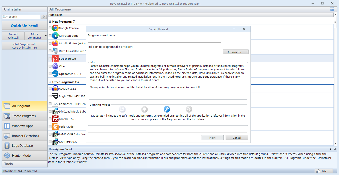 Capture d’écran&nbsp;: boîte de dialogue Forced Uninstall dans Revo Uninstaller