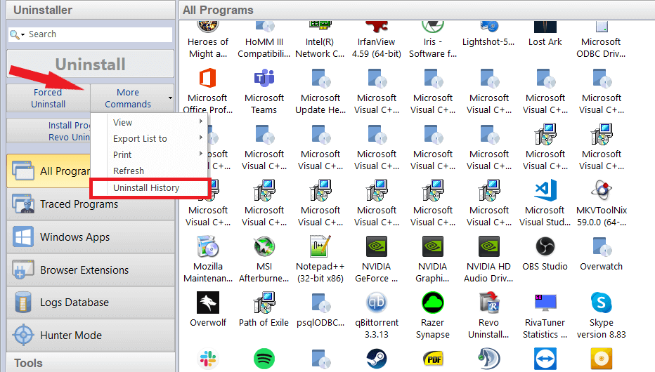 Capture d’écran&nbsp;: All Programs avec le menu Historique des désinstallations (Uninstall History) mis en évidence