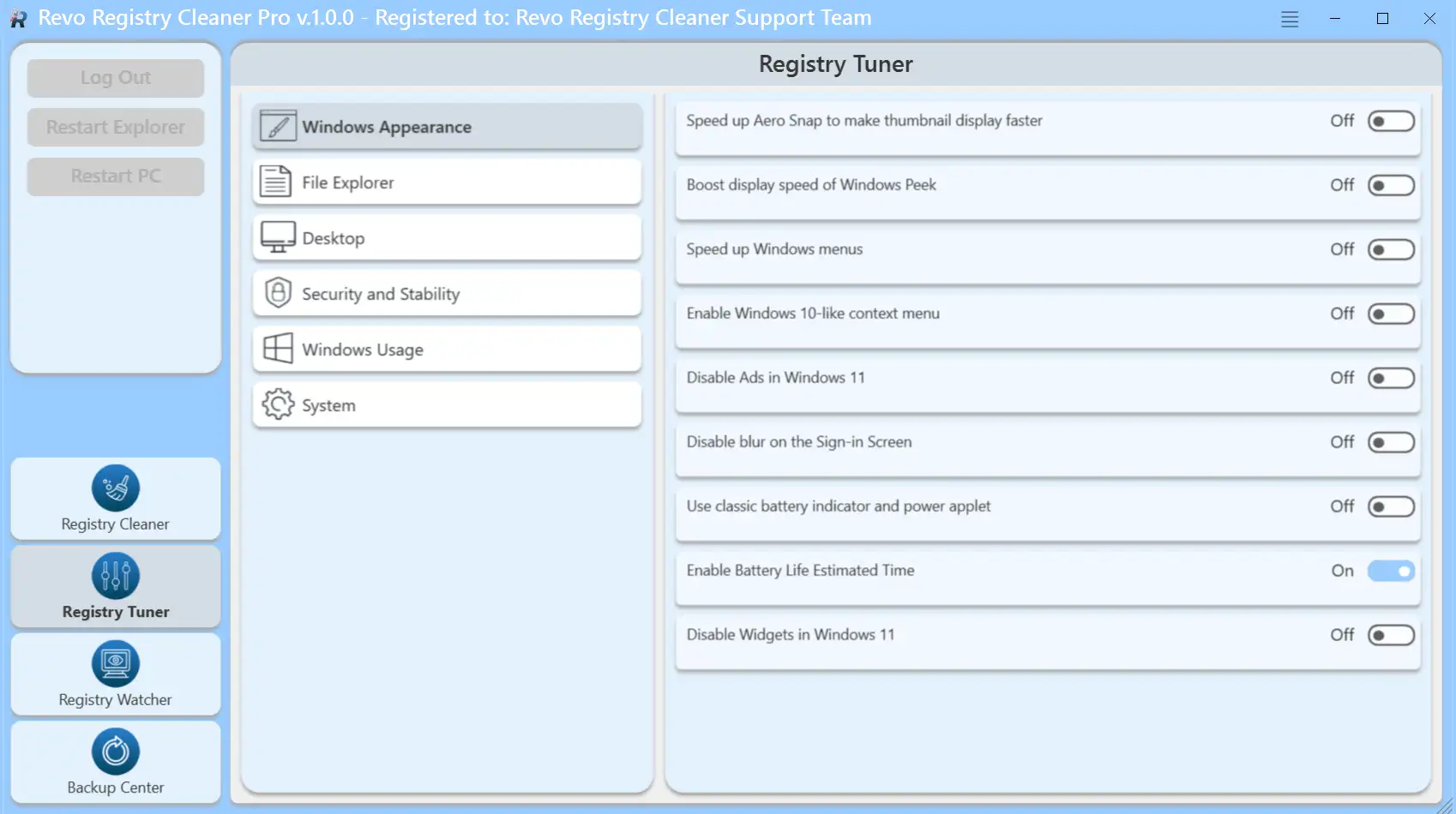 Registry Tuner: gruppierte Tuning-Optionen